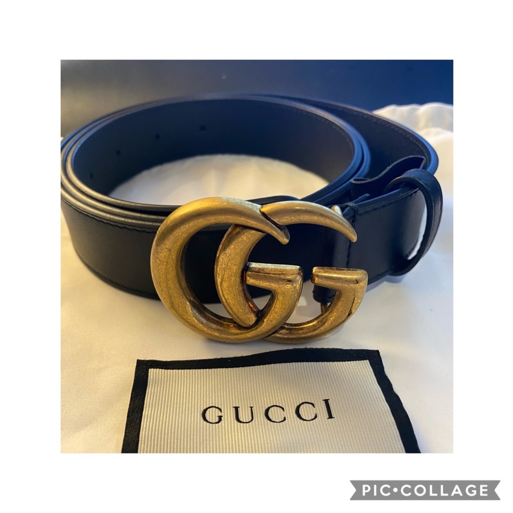 Gucci Antique Brass Double G Belt, Black Leather